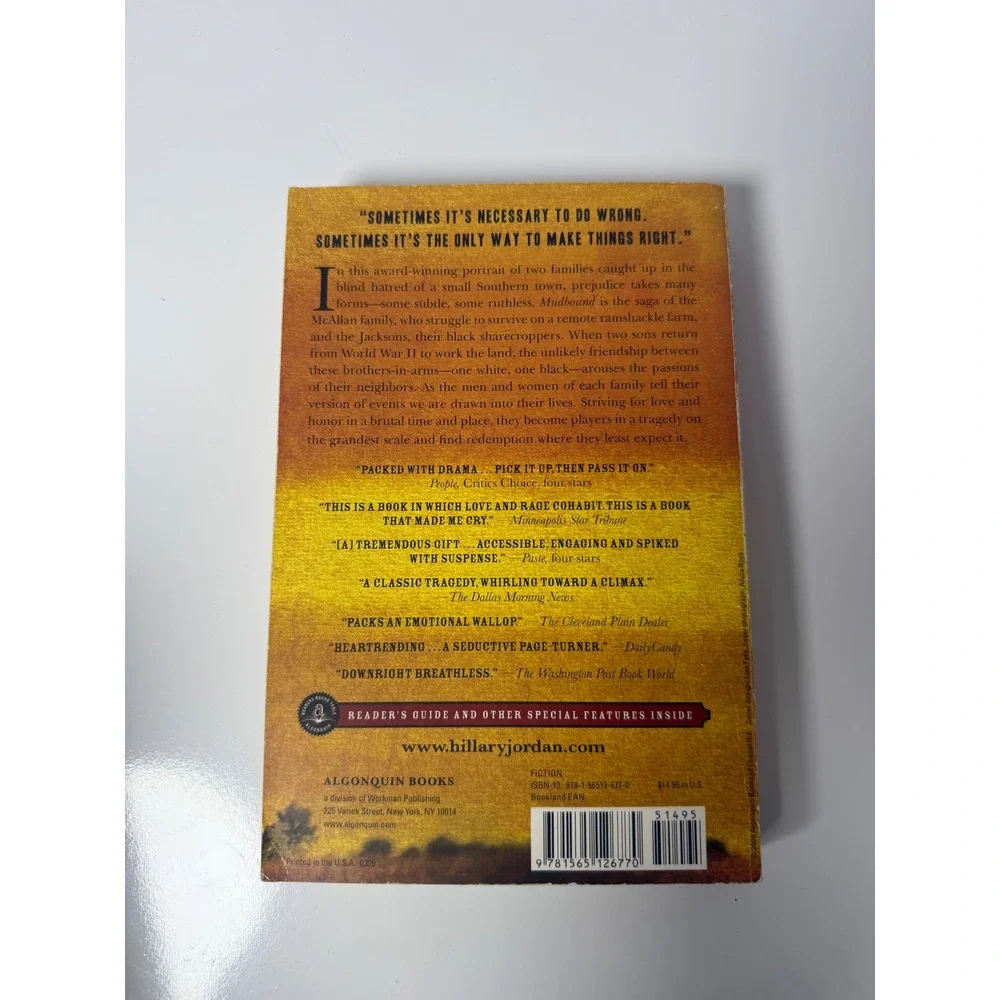 Mudbound by Hillary Jordan Paperback Historical Fiction Novel Bellwether Prize